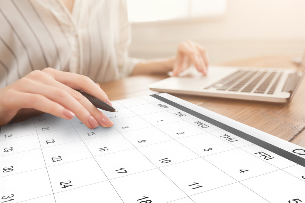 Business Scheduling. Unrecognizable Woman Working On Laptop And Checking Calendar At Workplace, Taking Notes To Planner, Managing Times For Appointments, Setting Events In Organizer, Creative Collage