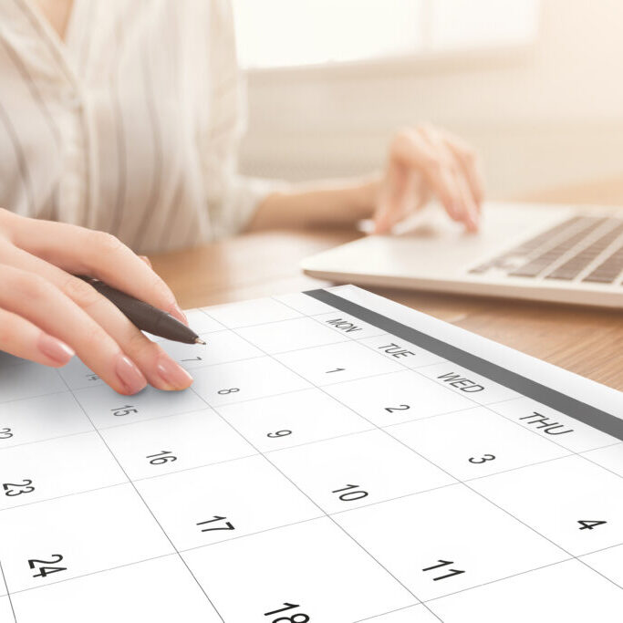 Business Scheduling. Unrecognizable Woman Working On Laptop And Checking Calendar At Workplace, Taking Notes To Planner, Managing Times For Appointments, Setting Events In Organizer, Creative Collage